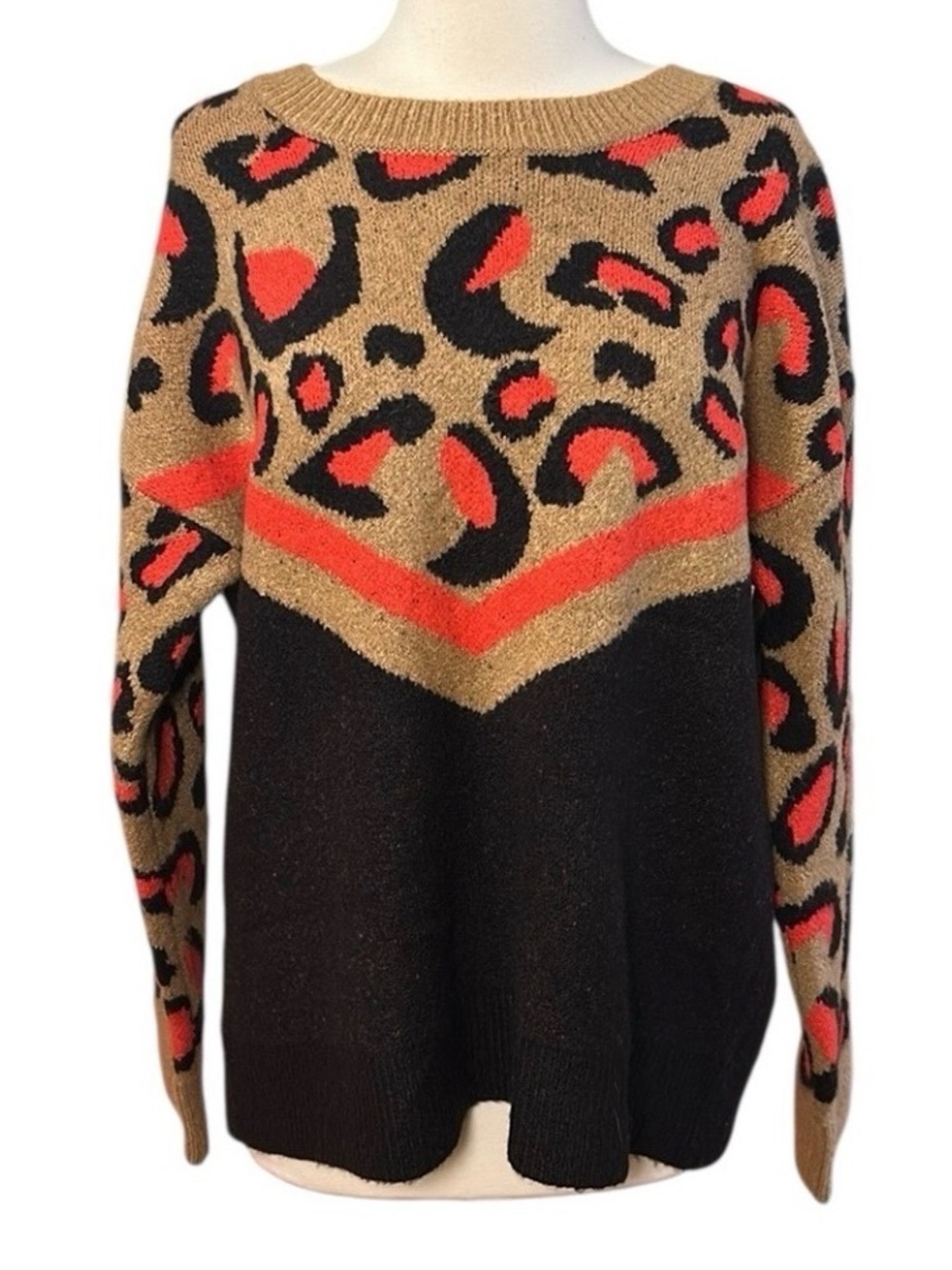 Evereve Peyton Jensen Leopard Print Black Tan Red Chevron Sweater size Large NWT